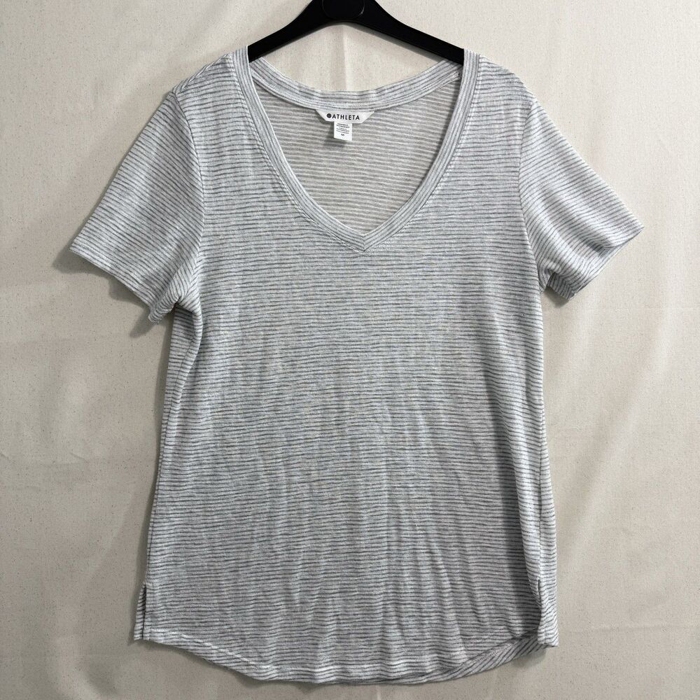 Athleta Breezy V-neck Short Sleeve Tee Grey & White Striped Size Medium